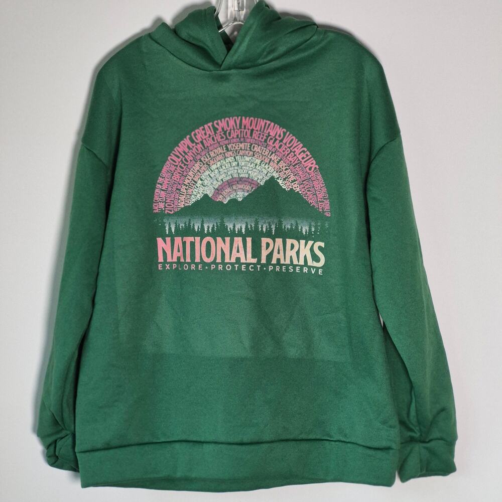 National Parks Hoodie Green Graphic Pullover Sweatshirt Size M A0096